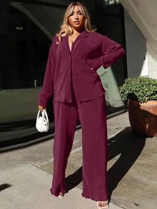 Conjunto de 2 piezas de camisa plisada casual y pantalones de pierna ancha para mujeres