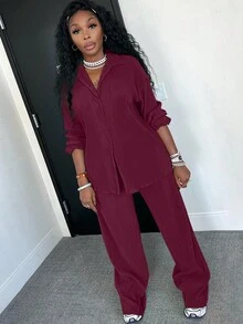 Conjunto de 2 piezas de camisa plisada casual y pantalones de pierna ancha para mujeres