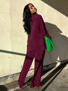 Conjunto de 2 piezas de camisa plisada casual y pantalones de pierna ancha para mujeres