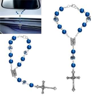 2PCS Car  For Rearview Mirror, Blue Ceramic Beads Pendant Car Interior Rear View Mirror Charm Auto Decors, Car Medal And Cross Hanging Accessories For Women Men
