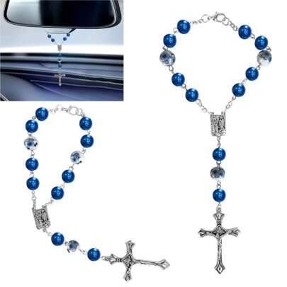 2PCS Car  For Rearview Mirror, Blue Ceramic Beads Pendant Car Interior Rear View Mirror Charm Auto Decors, Car Medal And Cross Hanging Accessories For Women Men