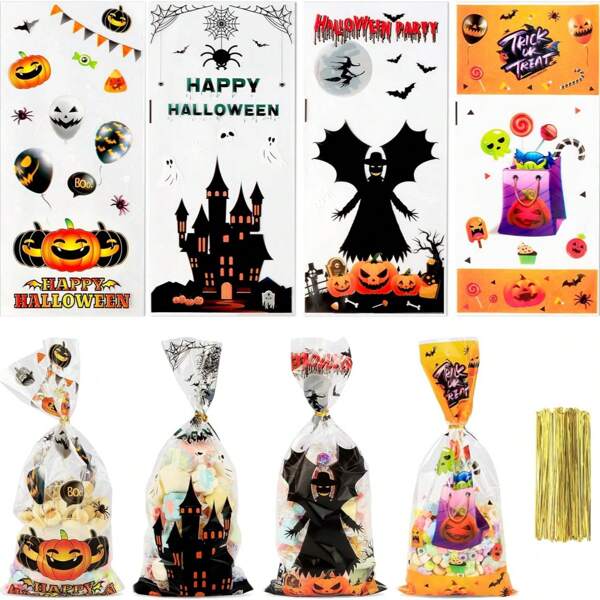 100 piezas (50 bolsas + 50 lazos), Bolsas de caramelos de Halloween, Bolsas de celofán de caramelos de Halloween, para Halloween Trick or Treat o fiestas de caramelos (4 estilos)