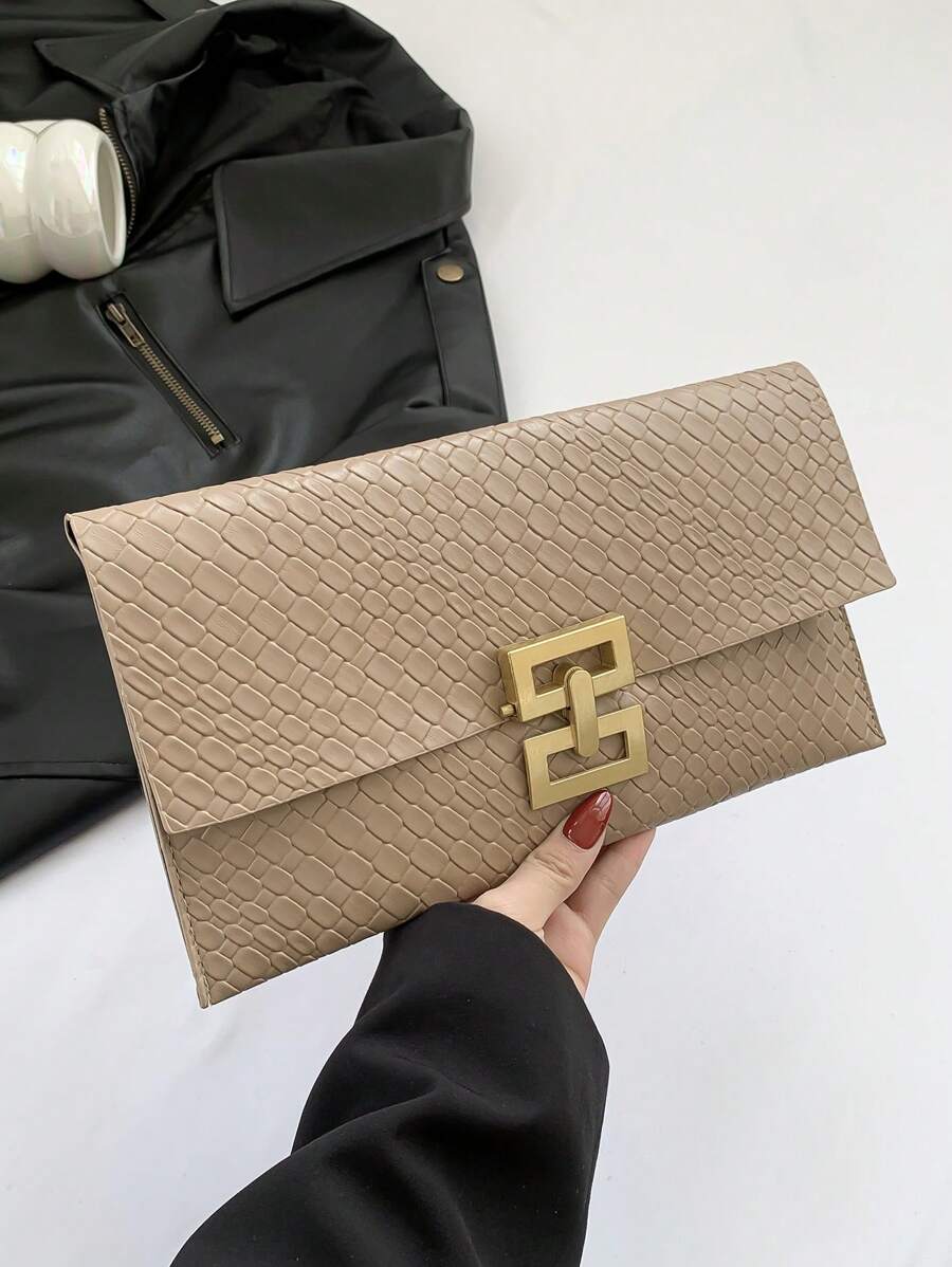 鳄鱼压纹小信封包，复古设计女士手提包 - 卡其色 - 查看 1