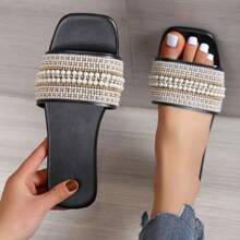Women's  Open Toe Sparkle Slides Rhinestone Pearl Sandals Slide Glitter Bling Casual Sandal Flat - Black - View 1