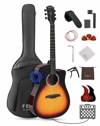 Fesley Acoustic Electric Guitar 41" Full Size Cutaway Guitar - Steel-String Sitka Spruce Top Build In Pickup Beginner Guitar Kit, Guitar With 10+ :Gig Bag, Capo, Strap, String, Picks, Strings Winder, Sunburst