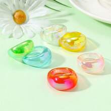 6 piezas Set de anillos apilables Y2K glamorosos, anillos de resina cuadrados, redondos, brillantes, lindos y de colores dulces, surtidos para mujeres, damas, amigas, regalos de joyas - 6 anillos de resina de colores - Ver 9