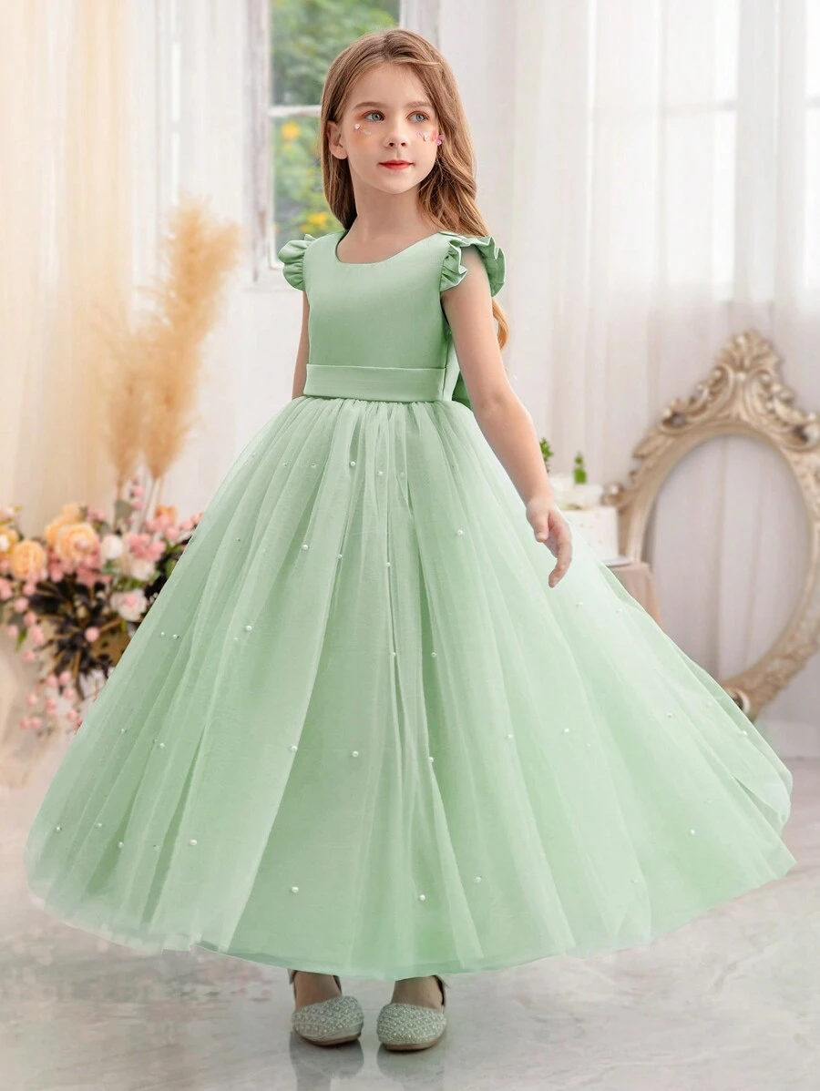 Vestido de tul con volantes y lazo para niña preadolescente, adecuado para fiesta, Día de San Valentín, baile de graduación, Halloween, Navidad, boda, actuación escolar, celebración de vacaciones - verde menta - Ver 1