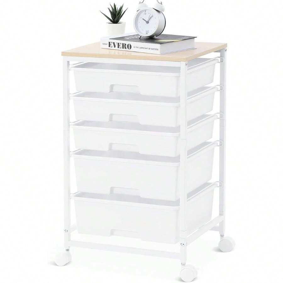 Utility Cart With 5 Drawers,Storage Drawer Cart With Wooden Tabletop