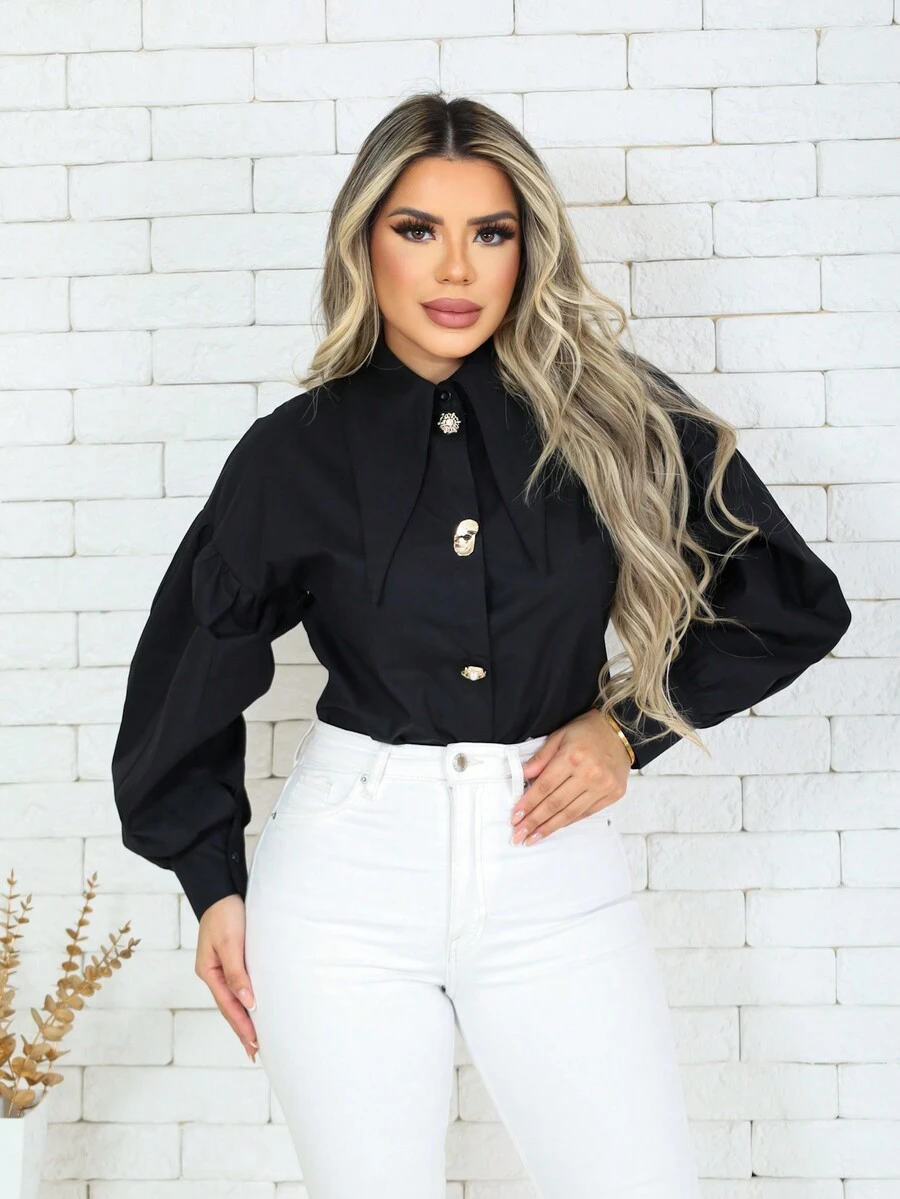 Women's Puff Sleeve Shirt - màu đen - Xem 1