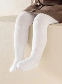 2pcs Baby Girls Minimalist Solid White Soft & Breathable Tights, Suitable For Daily Wear