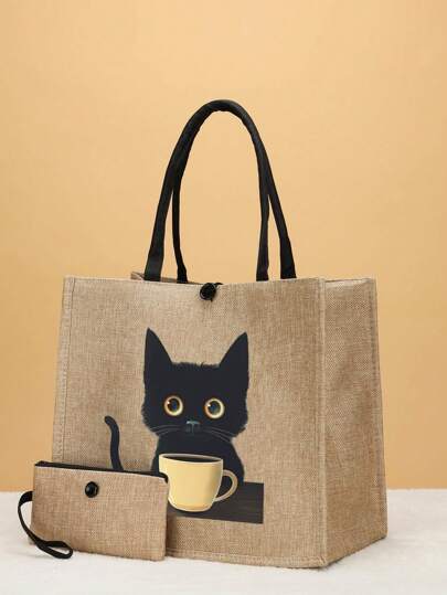 2 件套布艺旅行度假手提包套装，适合度假、旅行、日常使用的沙滩包，适合猫爱好者的礼物