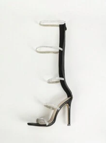 12 cm superhoge hak zwarte glanzende strass versierde Romeinse gladiatorsandalen, modieuze nachtclubdanserschoenen
