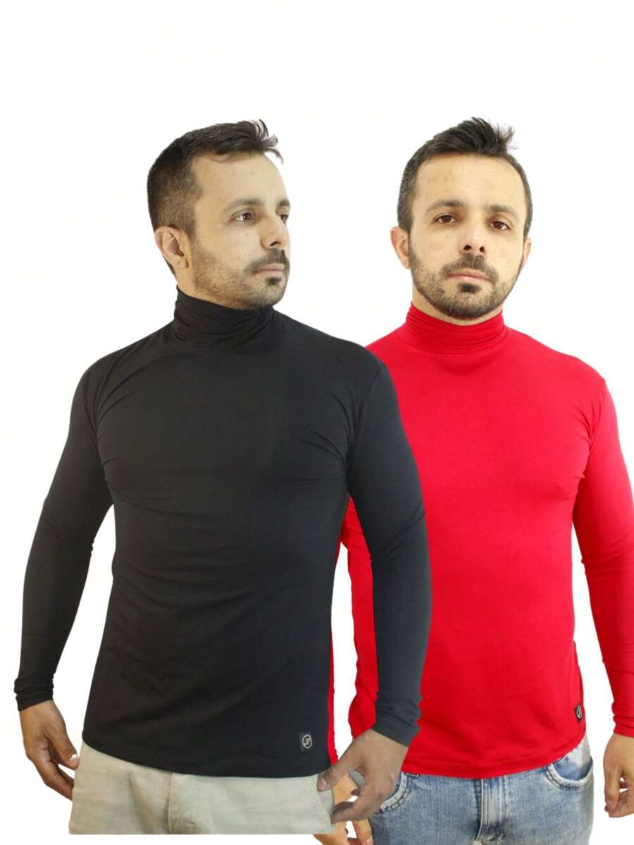 Kit 2 Cacharrel Men's Blouse High Neck Long Sleeve Viscolycra For Cold Weather Comfortable Fabric - Đỏ và đen - Xem 1