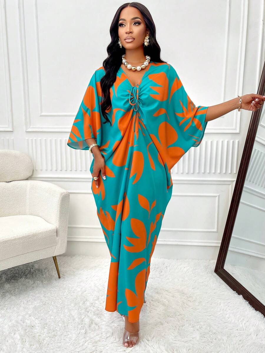 BIUBIU Plus Allover Print Drawstring Front Batwing Sleeve Dress - Green - View 1