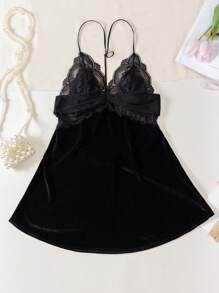 Nuevo camisón de terciopelo sexy con encaje y parche en forma de Y