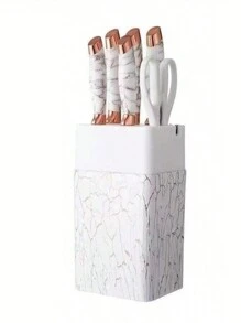 7pcs/Set,Knife Set, Five Multifunctional Chef Knives, A Pair Of Scissors, With A Base, Stainless Steel, Marble Pattern, Simple Luxury Style, Four Colors Of White, Brown, Silver, Gold, For Household Kitchens - White - View 8
