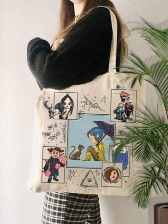 VOESETO 1pc 电影图案手提包单肩包适合旅行日常通勤女士可重复使用的购物袋，送给她的最佳礼物，时尚折叠单肩包夏季海滩度假包