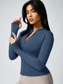 1pc Women Stand Collar Zipper Sports Top, Fitness, Yoga, Casual Wear, Autumn - Blue - View 6