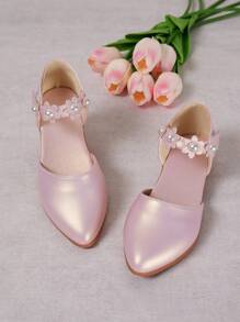 Zapatos de vestir de tacón alto de suela blanda decorados con flores, zapatos de moda para actuaciones para niñas pequeñas y niños - Rosa - Ver 3
