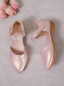 Zapatos de vestir de tacón alto de suela blanda decorados con flores, zapatos de moda para actuaciones para niñas pequeñas y niños - Rosa - Ver 5