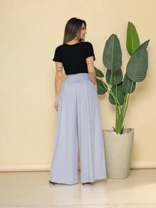 Loose Wide Leg Pantalona Pants Viscolycra Mesh Wide Waistband High Waist Pleats - White - View 2
