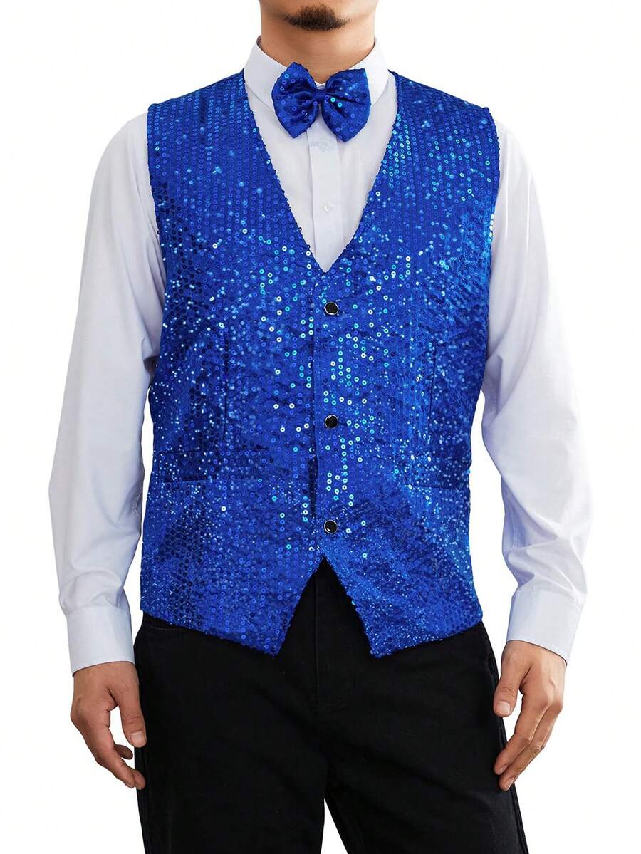 Chaleco De Lentejuelas Brillantes Para Hombre, Cuello En V, Ajuste Regular, Traje De Fiesta, Chaleco, Pajarita, 2 Piezas - Azul - Ver 1
