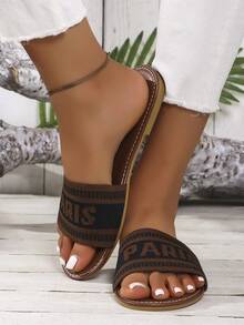 女士网眼针织拖鞋，巴黎风格平底休闲沙滩凉鞋，宽带单趾设计 - 棕色 - 查看 3