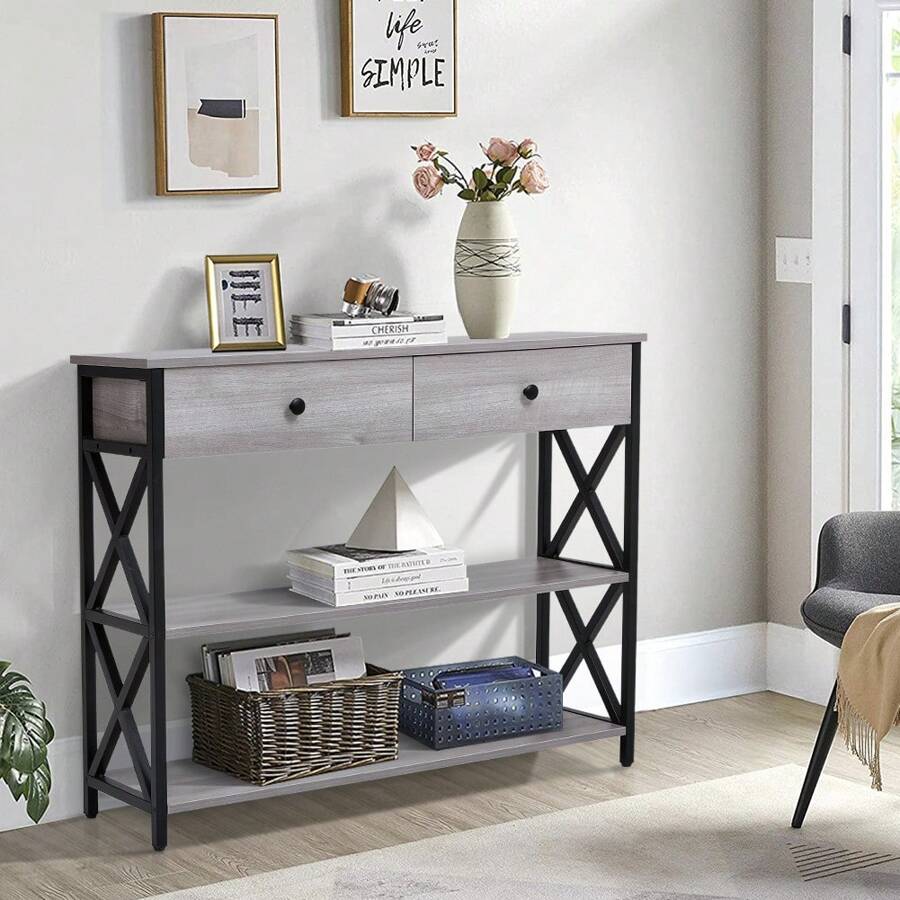 LIVINGANDHOME Living And Home Narrow Wooden Console Table With Drawers - Grey - View 1