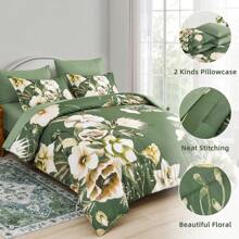 7 Pieces Purple Floral Comforter Sets Full Queen King Bed In A Bag,Elegant Flower Comforter With Sheet Set, Soft Microfiber Bedding Set For Wedding Items,Valentines Day Home Bed Room Decor,Mothers Day Gift,All Season - 橄欖綠 - 查看 3