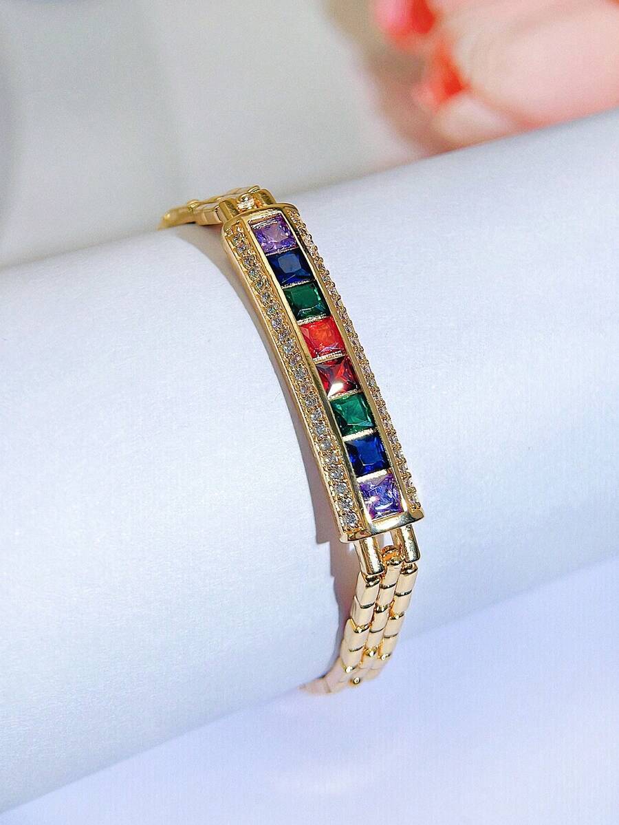 SEQUITO 1 件优雅女士手腕首饰镀金密镶彩色公主方形切割 AAAAA 锆石订婚手链