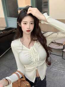 女式白色褶皱抽绳设计美观长袖上衣，春秋季 - 白色 - 查看 2