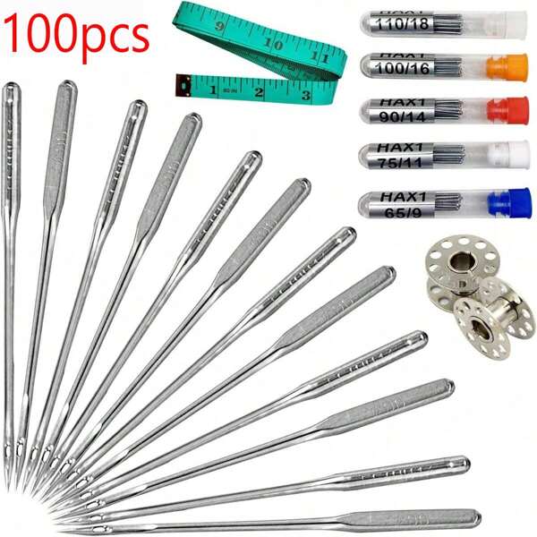 EDCUEBE7 100pcs Sewing Machine Needles And Accessories, Universal Fit For Singer, Brother, Janome, Varmax Sewing Machines, Needle Sizes HAX1 65/9, 75/11, 90/14, 100/16, 110/18 (Random Colors And Styles Of Storage Box And Ruler)