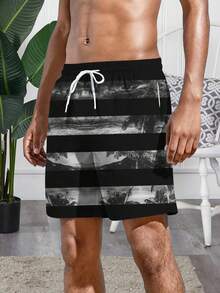 男士 3D 印花系带休闲沙滩短裤，度假 - 黑色 - 查看 3