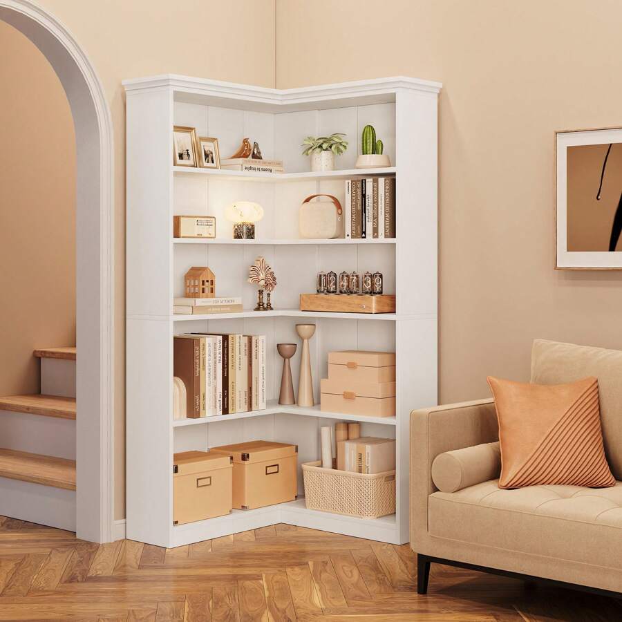 Industrial Corner Bookshelf, 72.8"H Farmhouse Bookcase, Large Bookshelf Wood Bookcase, 5-Tier Tall Corner Shelf, L Shaped Bookshelf Storage Display Rack For Living Room Bedroom - trắng - Xem 1