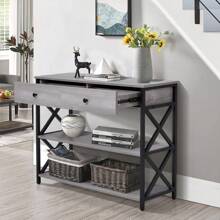 LIVINGANDHOME Living And Home Narrow Wooden Console Table With Drawers - Grey - View 2