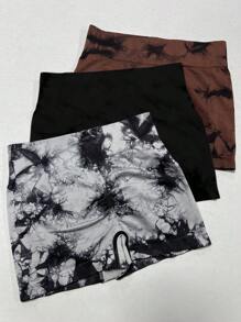 3条装女士高腰无缝扎染瑜伽短裤，吸湿排汗，日常运动短裤，夏季运动 - 彩色 - 查看 2