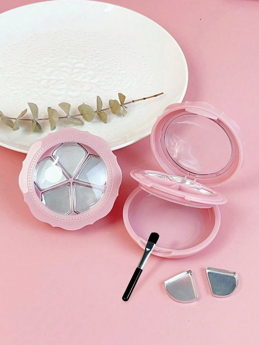 1pc Pink Petals Double-Layer Makeup Palette With Mirror, 5-Grid Eyeshadow, Concealer, Lipstick And Blush Storage Box, Portable For Travel - Multicolor - View 1