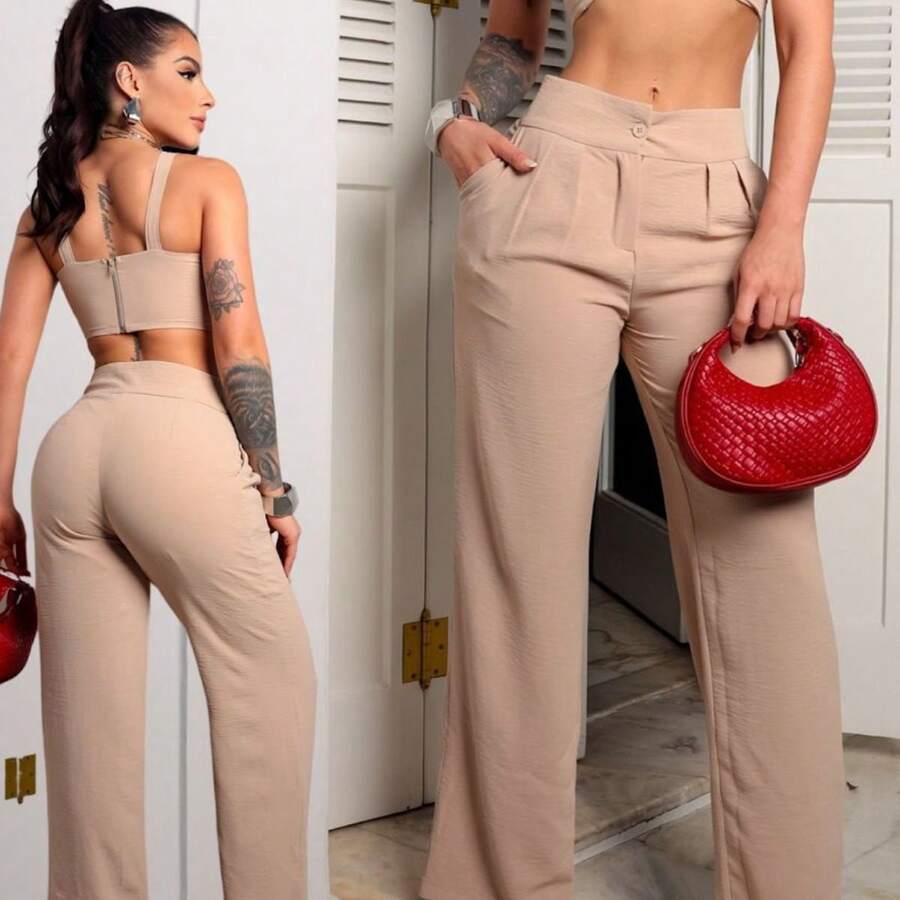 Feminine Cropped Set And Flare Pants Woven Duna Women 2-Piece Set - Màu nâu  Mocha - Xem 1