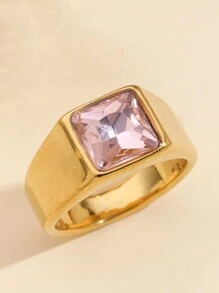 1pc Stainless Steel Fashion Minimalist Style Women's White And Pink Zirconia Cast Ring, Suitable For Women's Daily Wear Or As A Gift - Yellow Gold - View 19
