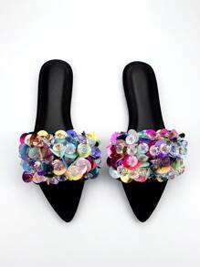Women's Fashion Handmade Beads Embroidery 3D Flower Decor Black Lycra Pointed Toe Flat Mules Slippers For Daily & Holiday Wear Valentines - 黑色 - 查看 3