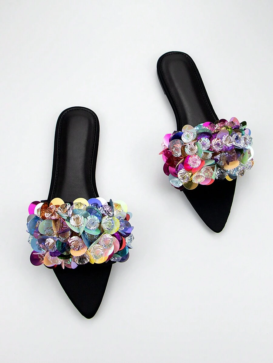 Women's Fashion Handmade Beads Embroidery 3D Flower Decor Black Lycra Pointed Toe Flat Mules Slippers For Daily & Holiday Wear Valentines - 黑色 - 查看 1