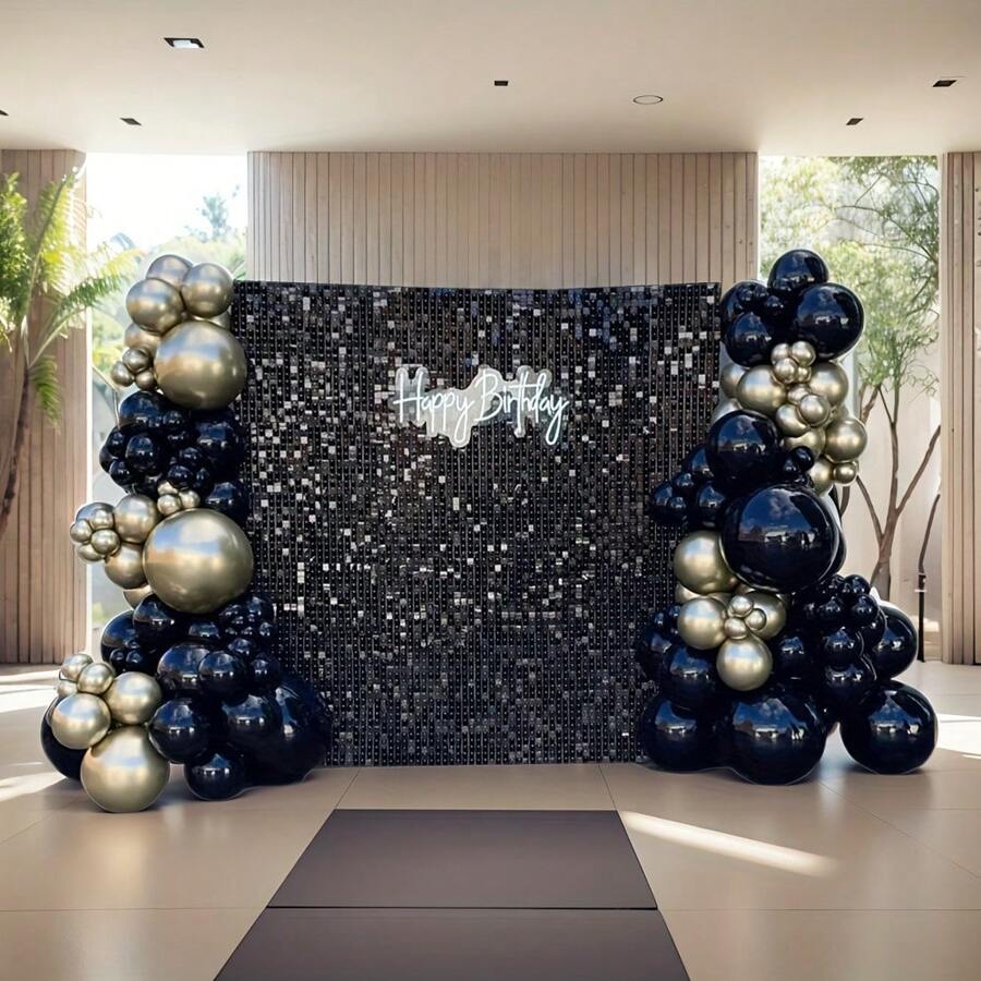 Black Shimmer Wall Backdrop, 24PCS Square Sequin Shimmer Backdrop Panel, Photo Backdrops For Birthday, Anniversary, Wedding, Graduation & Bachelorette Party Decoration Valentine's Day Decor Photoshoot - màu đen - Xem 1