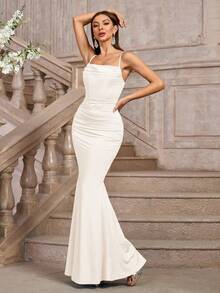 PARTHEA Women's Elegant Ruched Fishtail Hem Bodycon Dress - Apricot - View 6