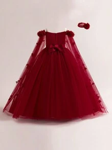 长款花卉网纱连衣裙，优雅迷人，适合学校演出、派对及其他场合，不含发饰。 - 酒紅色 - 查看 4