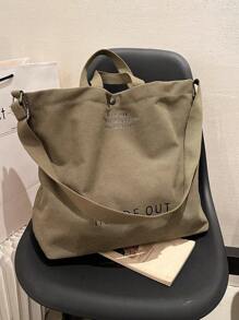 Retro Canvas Tote Bag, Letter Print Crossbody Bag, Casual Handbag, Suitable For School, Work, Travel, Vintage - Green - View 5