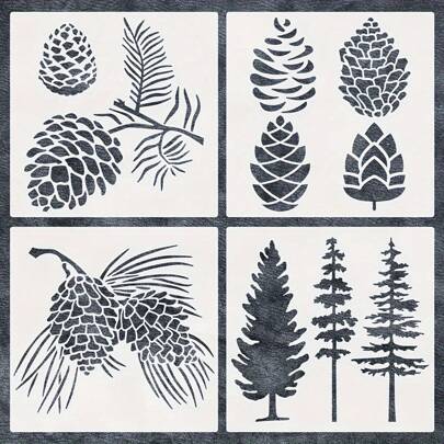 4 Packs 8Inch Merry Christmas Pine Tree Stencil Set Pine Fir Tree Christmas Tree Painting Template For Windows, Wall, Wood, Furniture