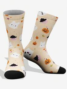 1pair Cartoon Rabbit, Pumpkin, Ghost & Floral Print Knee High Socks, Soft & Breathable, Suitable For All Seasons, Fashion, Casual, Sports & Outdoor Wear, Cute Socks, Halloween - Multicolor - View 3