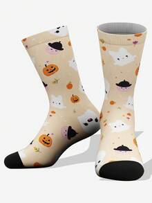 1pair Cartoon Rabbit, Pumpkin, Ghost & Floral Print Knee High Socks, Soft & Breathable, Suitable For All Seasons, Fashion, Casual, Sports & Outdoor Wear, Cute Socks, Halloween - Multicolor - View 1