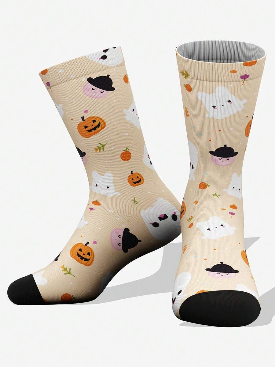 1pair Cartoon Rabbit, Pumpkin, Ghost & Floral Print Knee High Socks, Soft & Breathable, Suitable For All Seasons, Fashion, Casual, Sports & Outdoor Wear, Cute Socks, Halloween - Multicolor - View 1