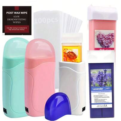 Viilife 1 Set Kit de depilación con cera de rodillo, incluye 1 olla de cera, 100 tiras de cera, 5 toallitas húmedas, apto para piel sensible de hombres y mujeres